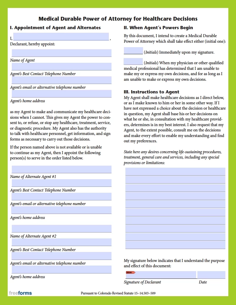Free Colorado Advance Directive Form Medical POA amp Living Will PDF