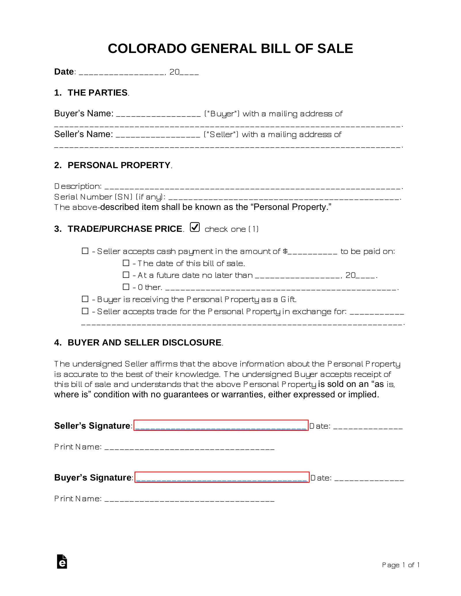 Bill Of Sale Form Printable Colorado