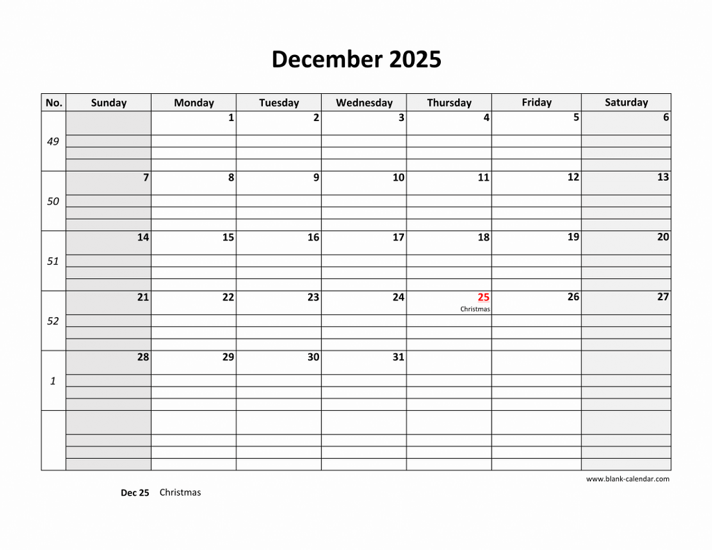 Free Download Printable December 2025 Calendar Large Box Grid 