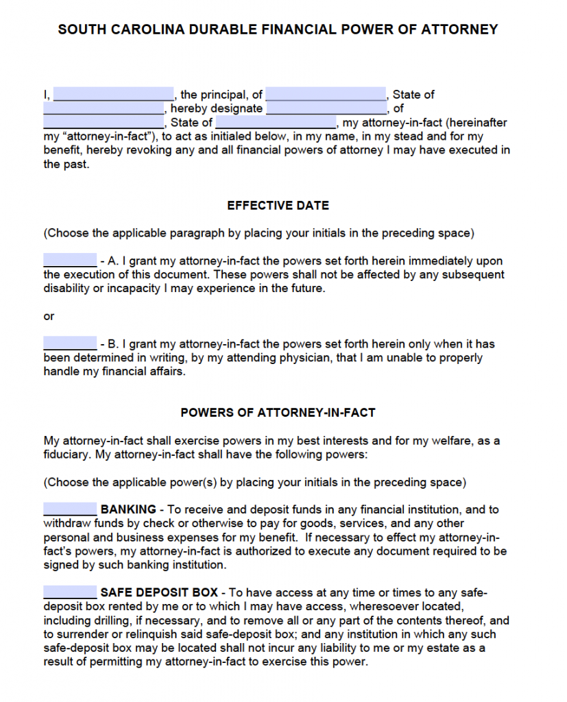 Free Durable Power Of Attorney Form South Carolina