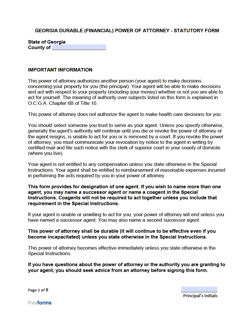 Free Georgia Durable Financial Power Of Attorney Form PDF