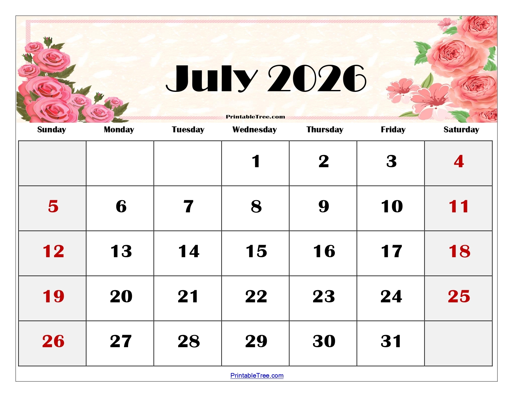 Blank Monthly Calendar Printable July 2026