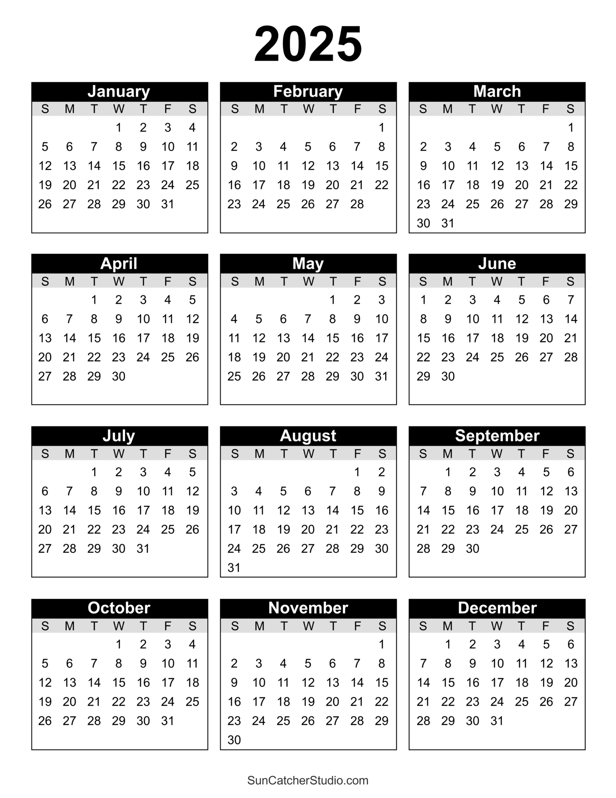 Yearly Printable Calendar 2025 December