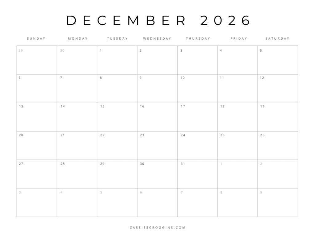 Blank December Calendar 2026 Printable