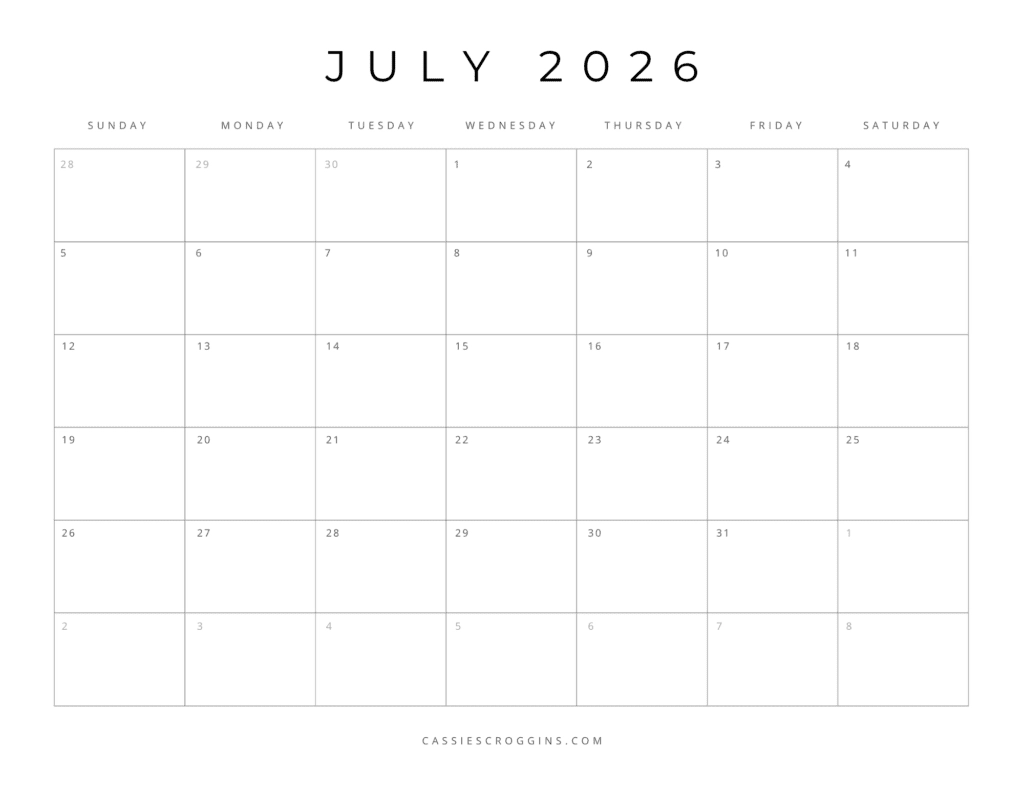 Blank Calendar July 2026 Printable Pdf
