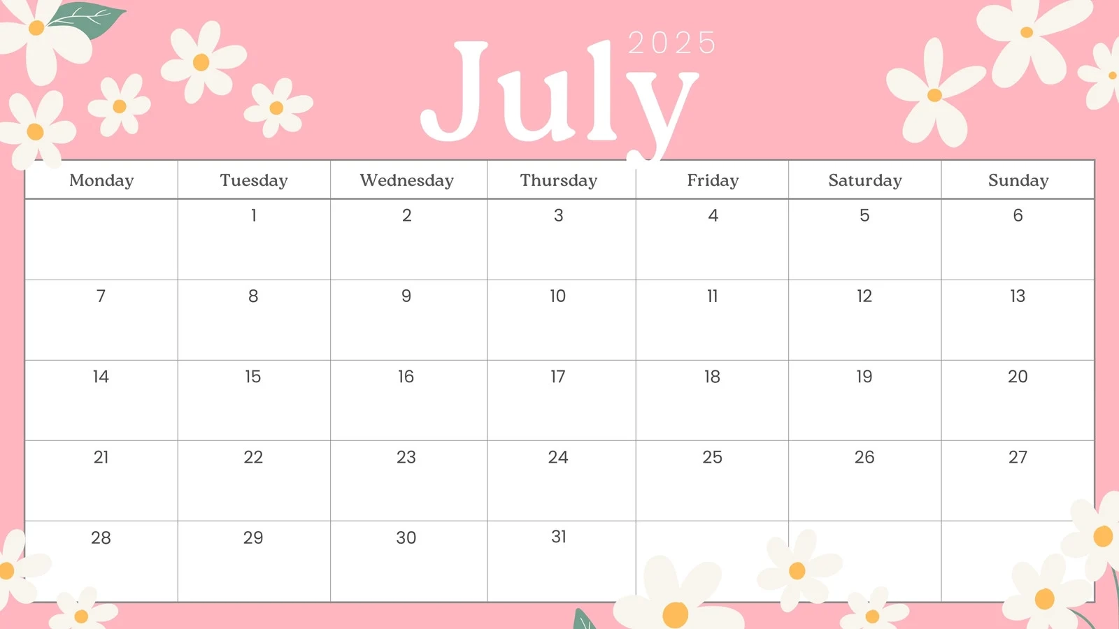 Blank Printable Monthly Calendar July