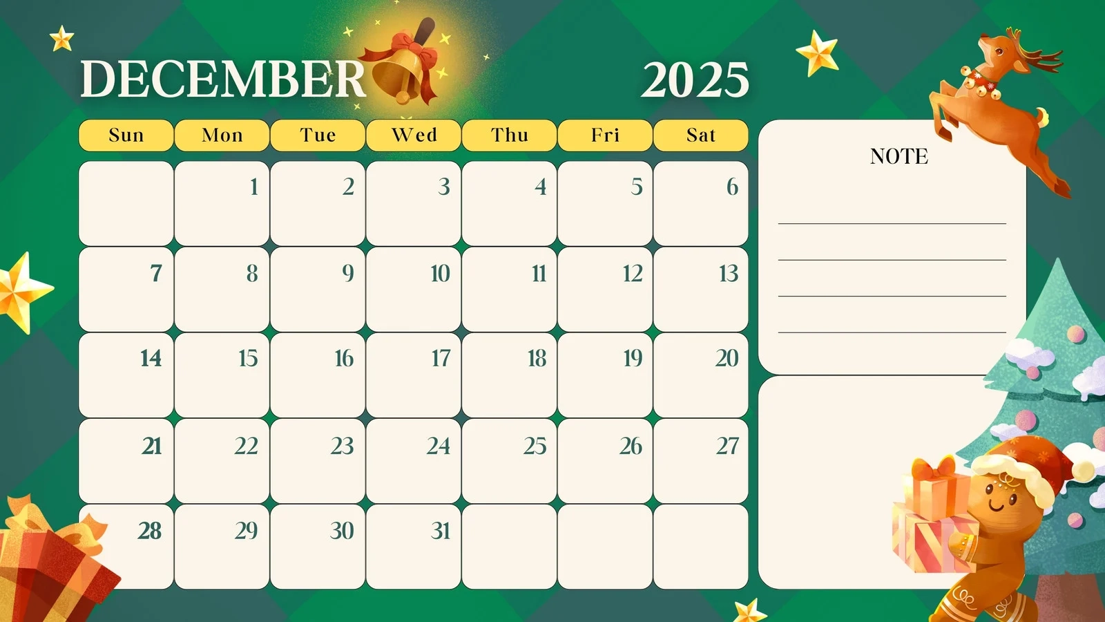 Christmas December 2025 Calendar Printable