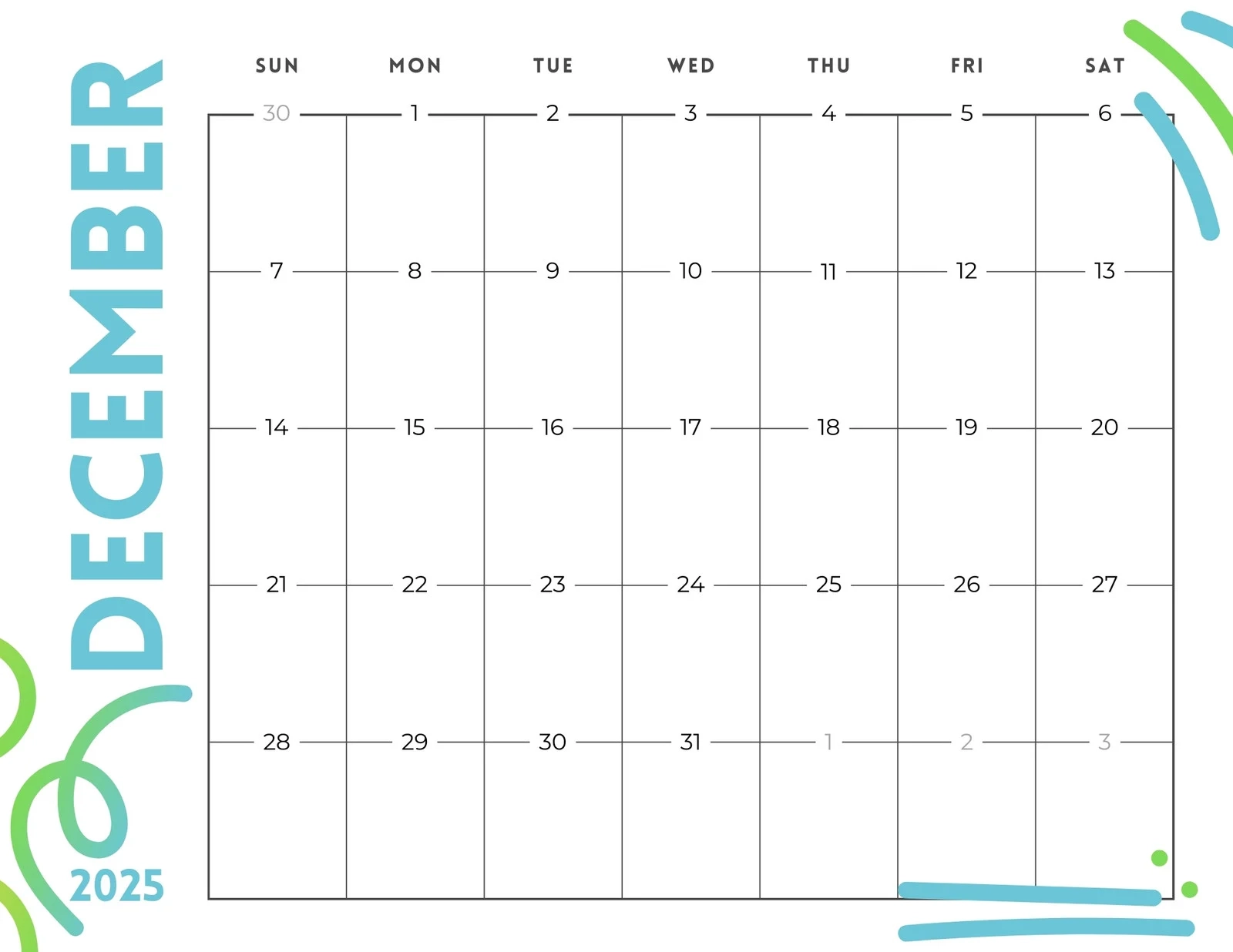 Online Printable 2025 Calendar December Colorfull