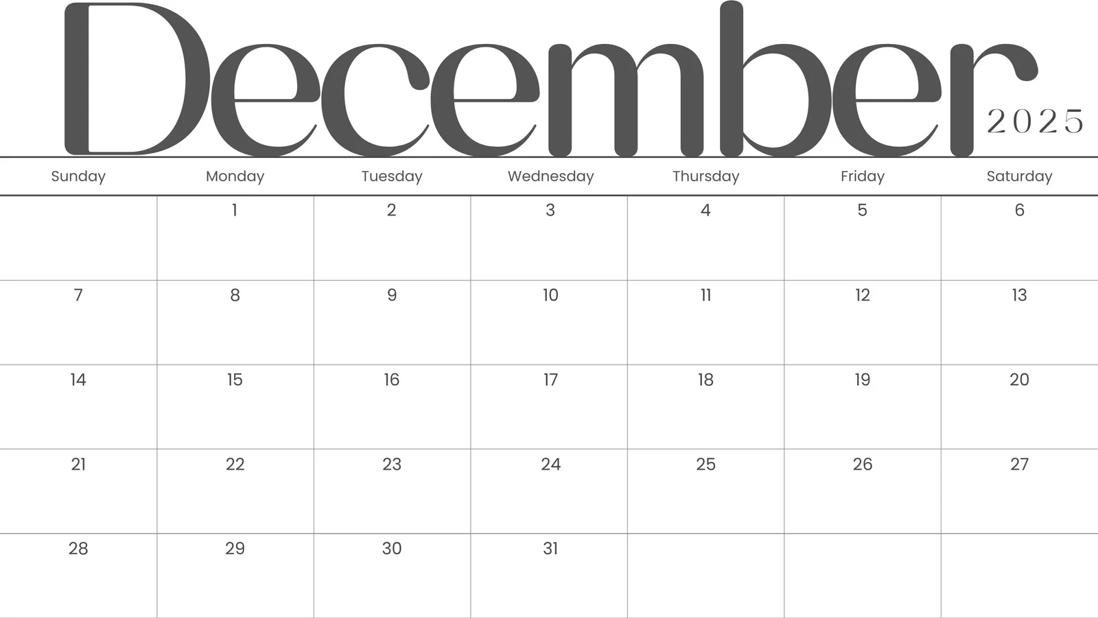 Calendar December 2025 Fillable Printable