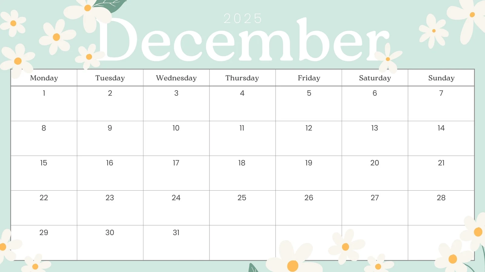 Printable Monthly Calendars December 2025
