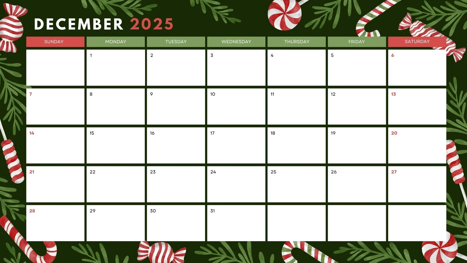 Printable December Monthly Calendar 2025