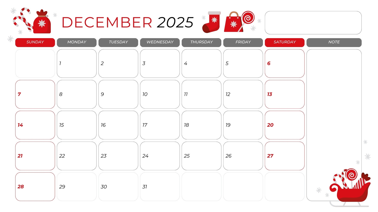 December Printable Calendar Bold Print