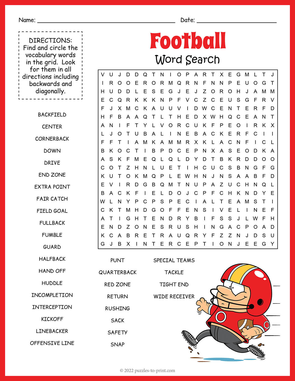 Free Printable Football Word Search