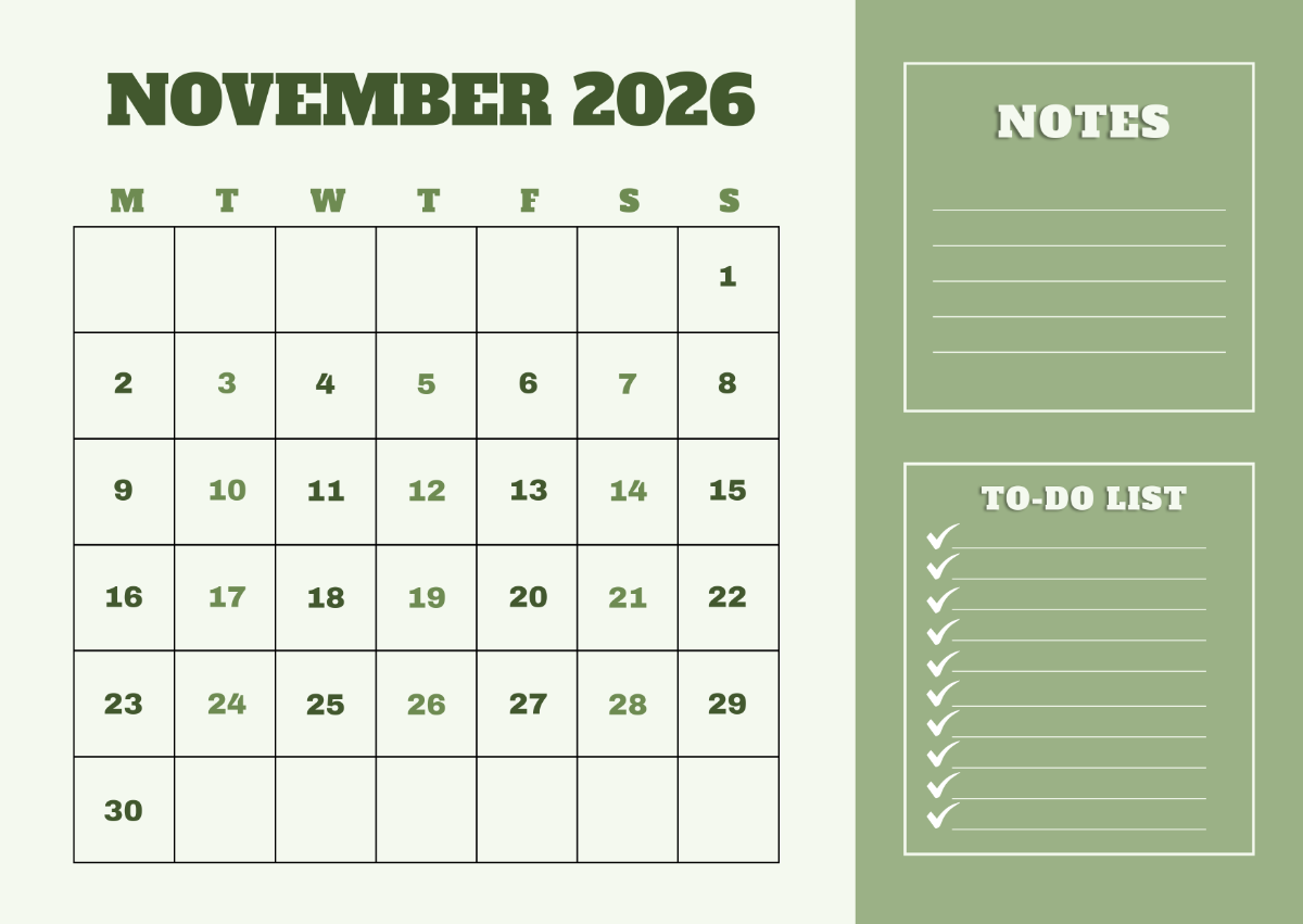 November Note Calendar 2026 Printable