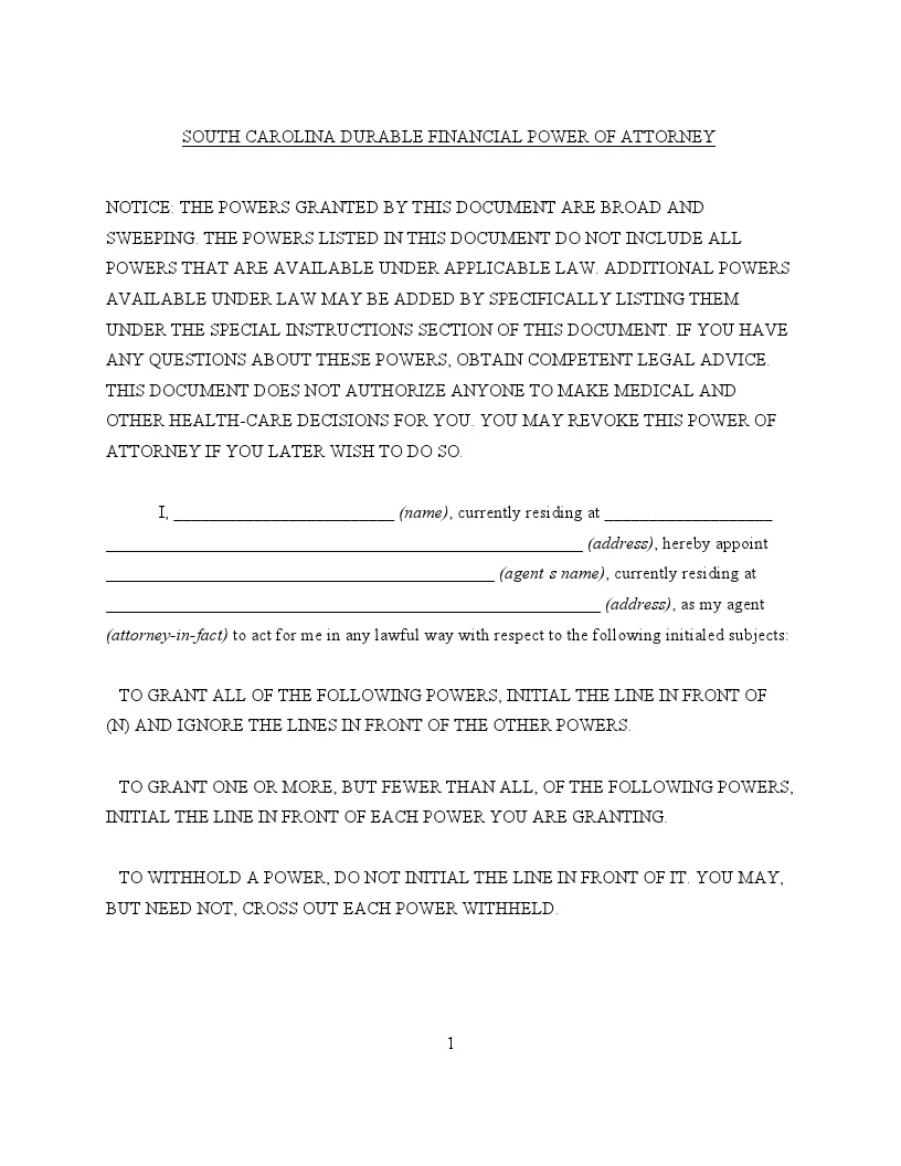Free South Carolina Durable Power Of Attorney Form For Finances