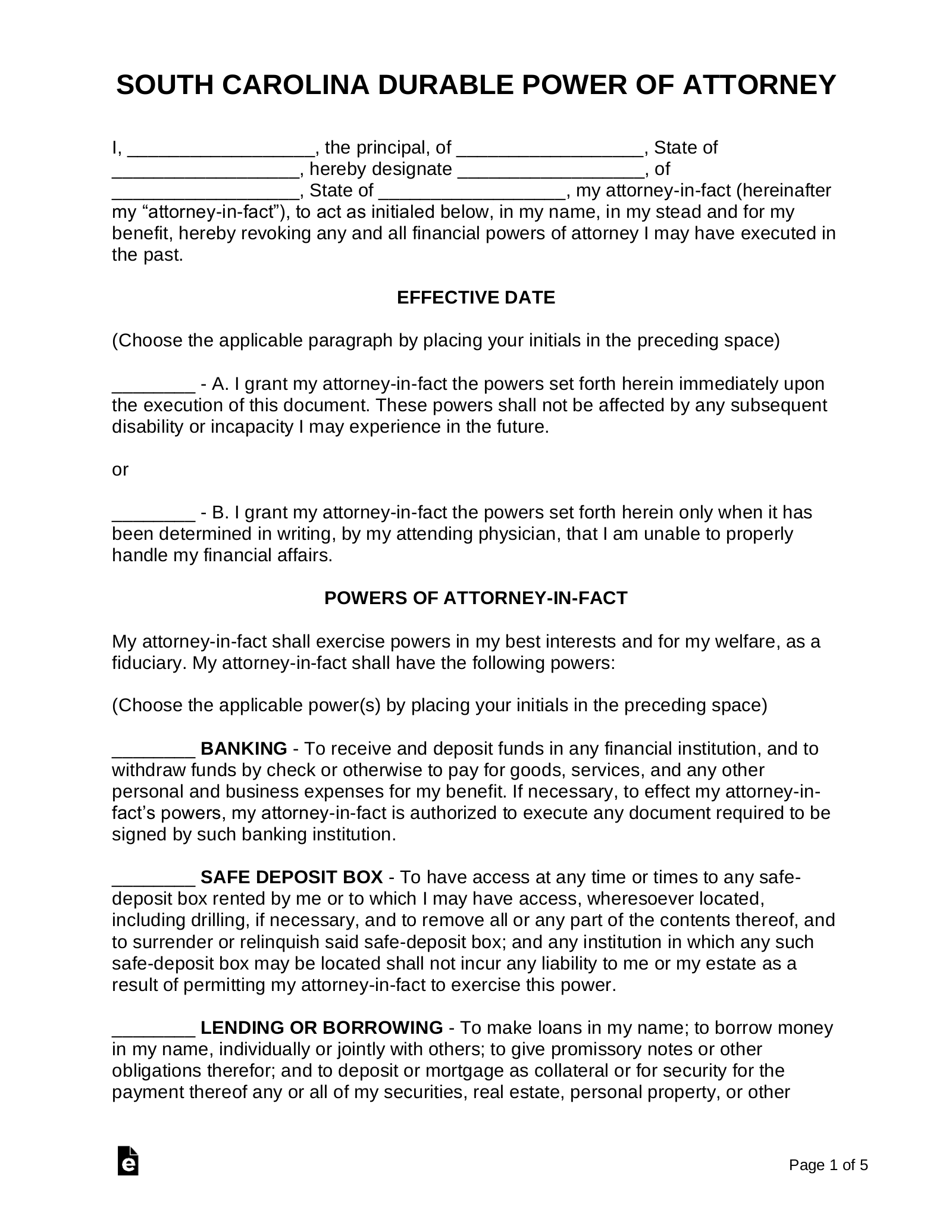 Free South Carolina Durable Power Of Attorney Form PDF Word 