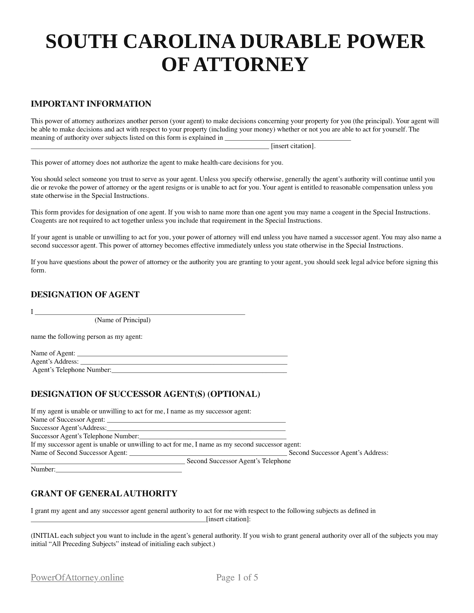 Durable Power Of Attorney Forms Printable Sc