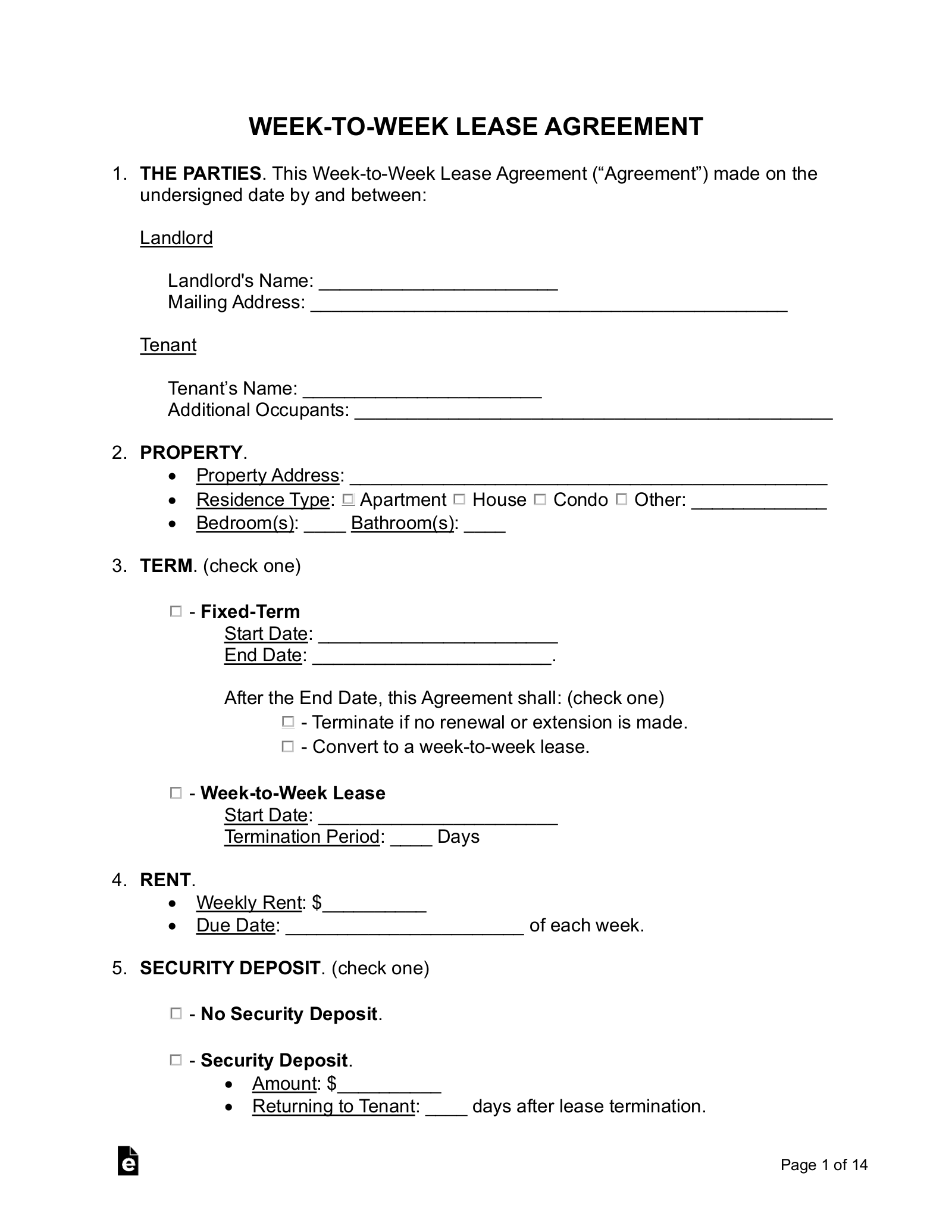 Free Week to Week Weekly Lease Agreement Template PDF Word 