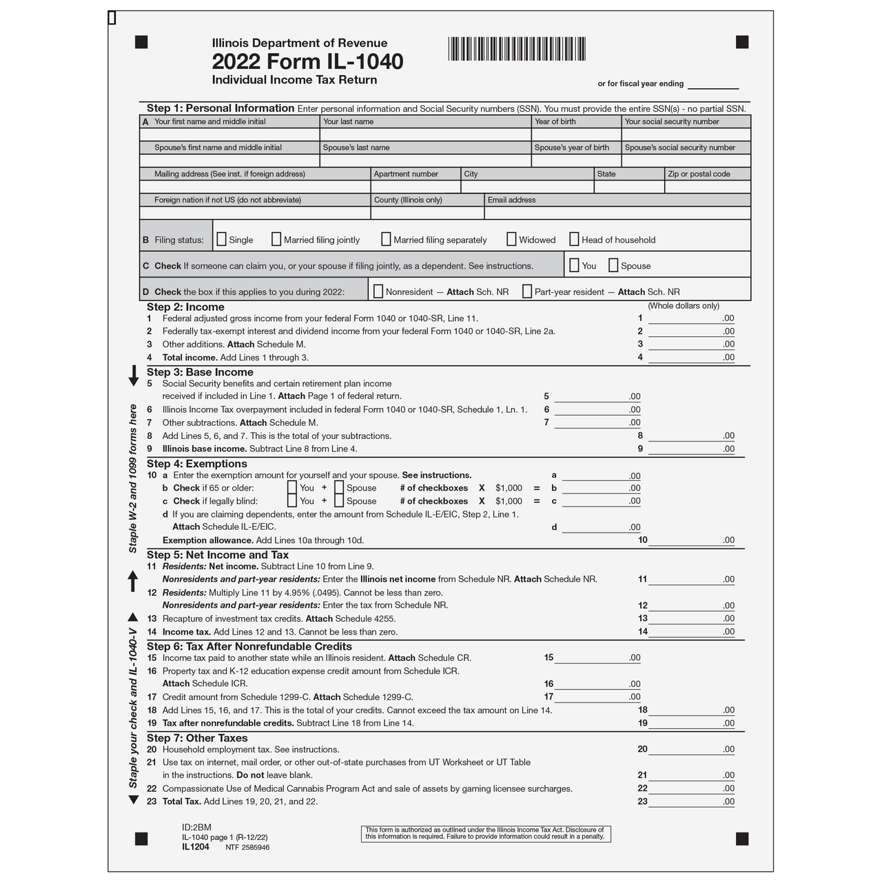 IL1204 Form IL 1040 Individual Income Tax Return Page 1 amp amp 2 