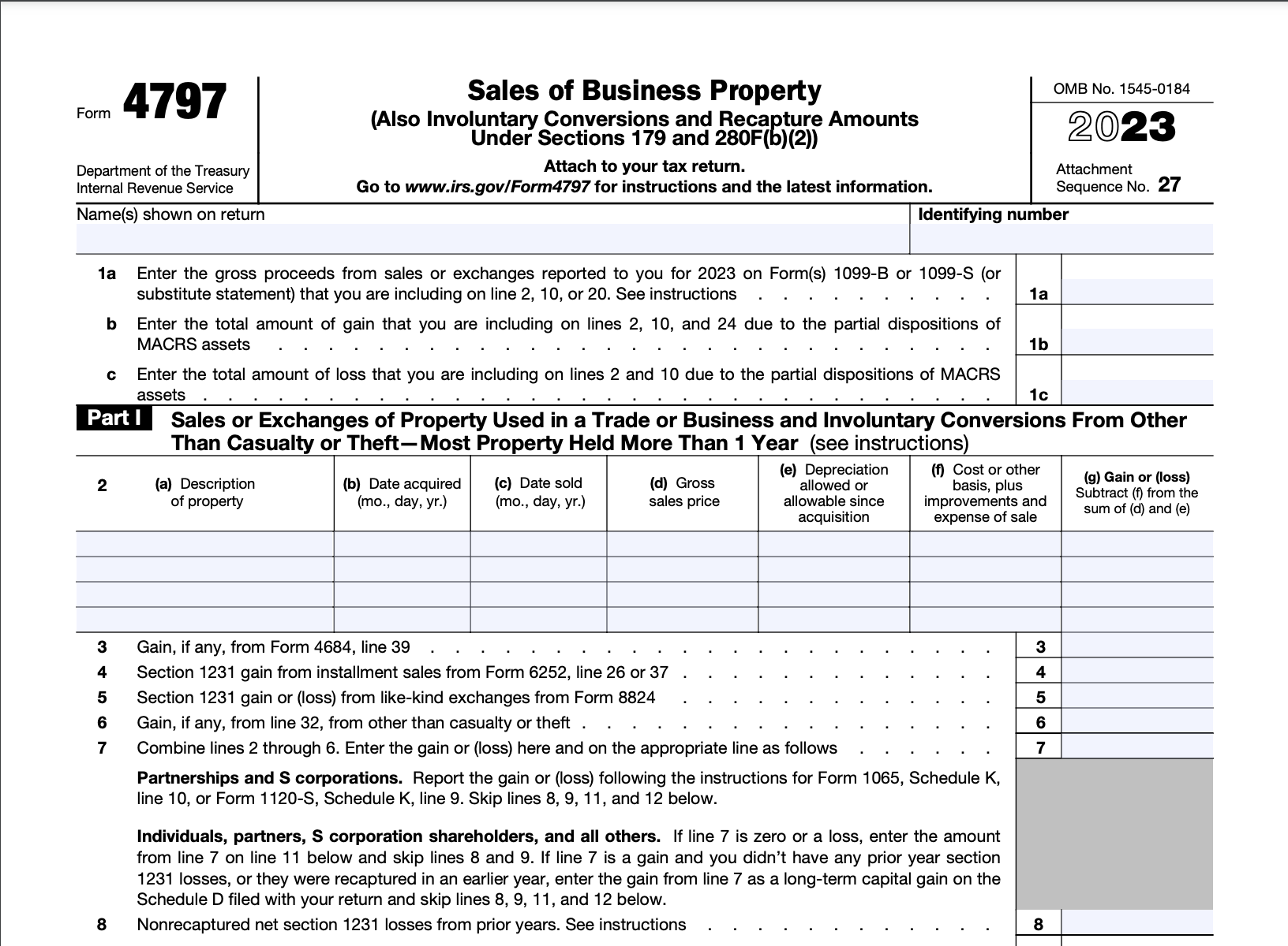 IRS Form 4797 Report The Sale Of Business Property