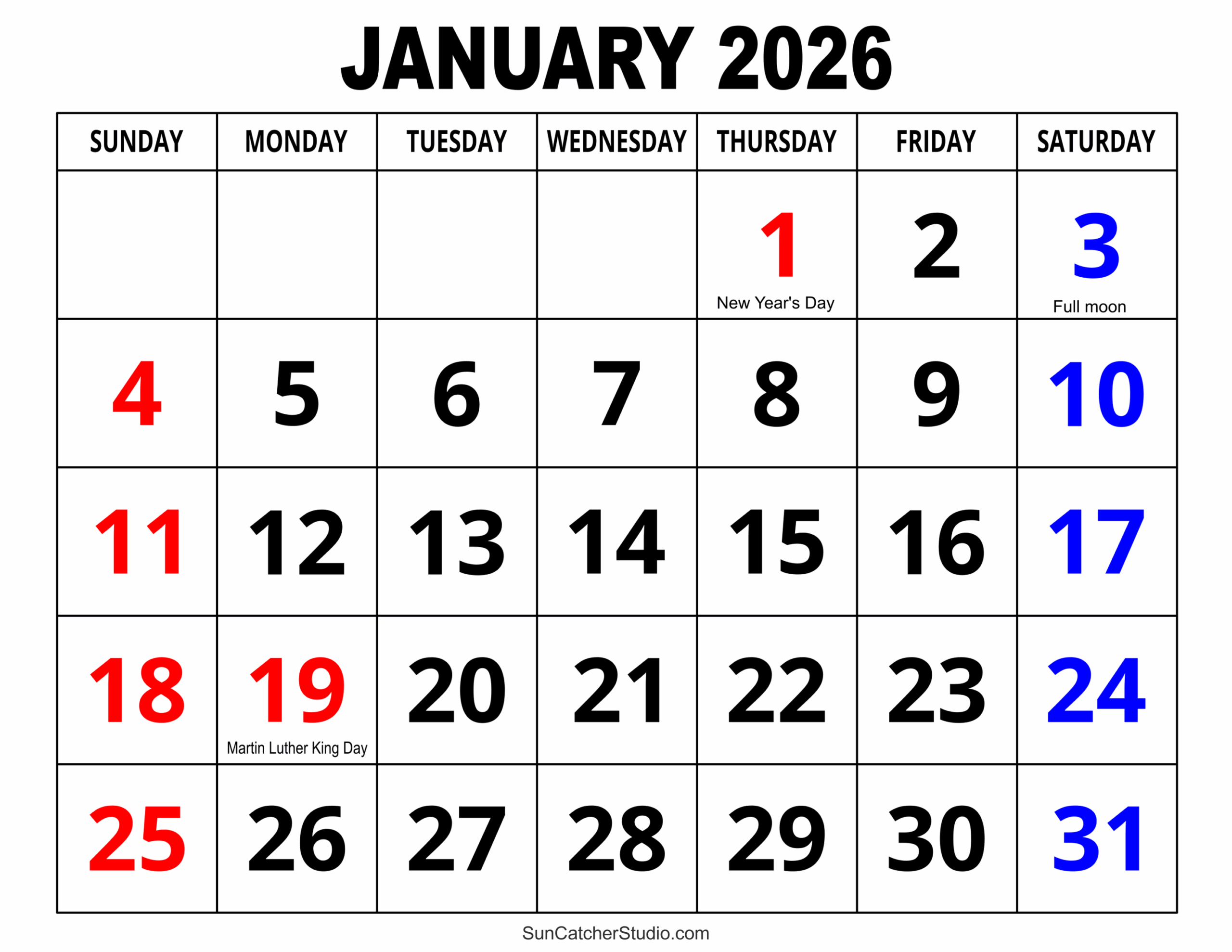 2026 Jan Calendar Printable
