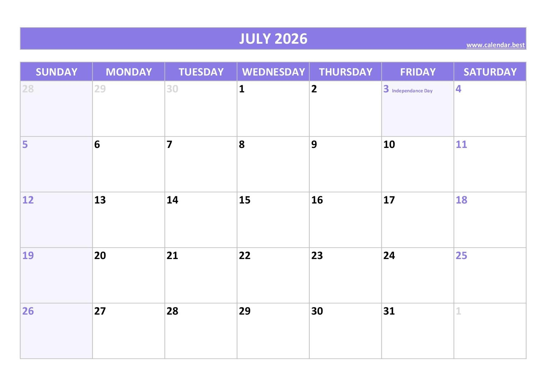 Printable Calendar 2026 July Through December