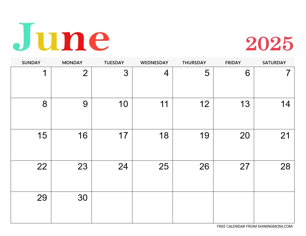 June Calendar Blank Template Printable