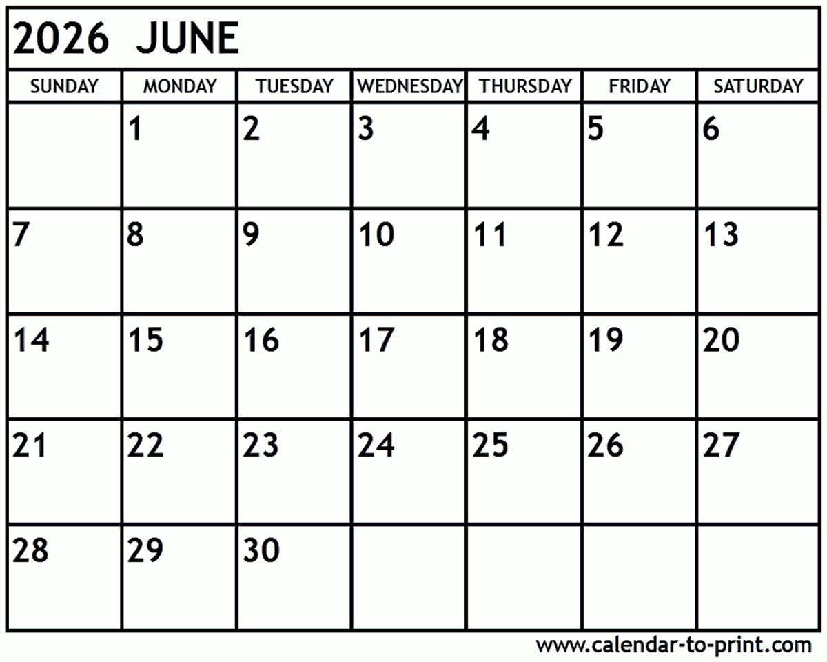 Blank Calendar June 2026 Free Printable