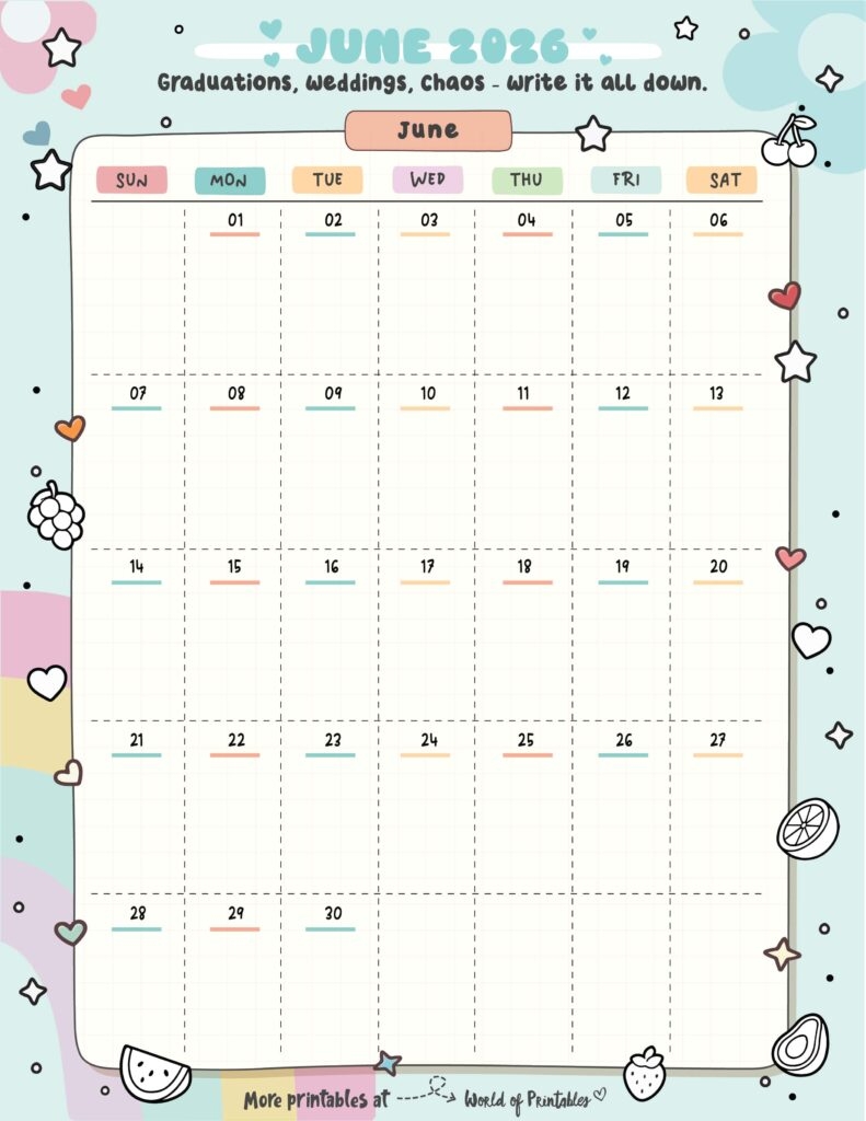 Color 2026 June Calendar Planner Printable