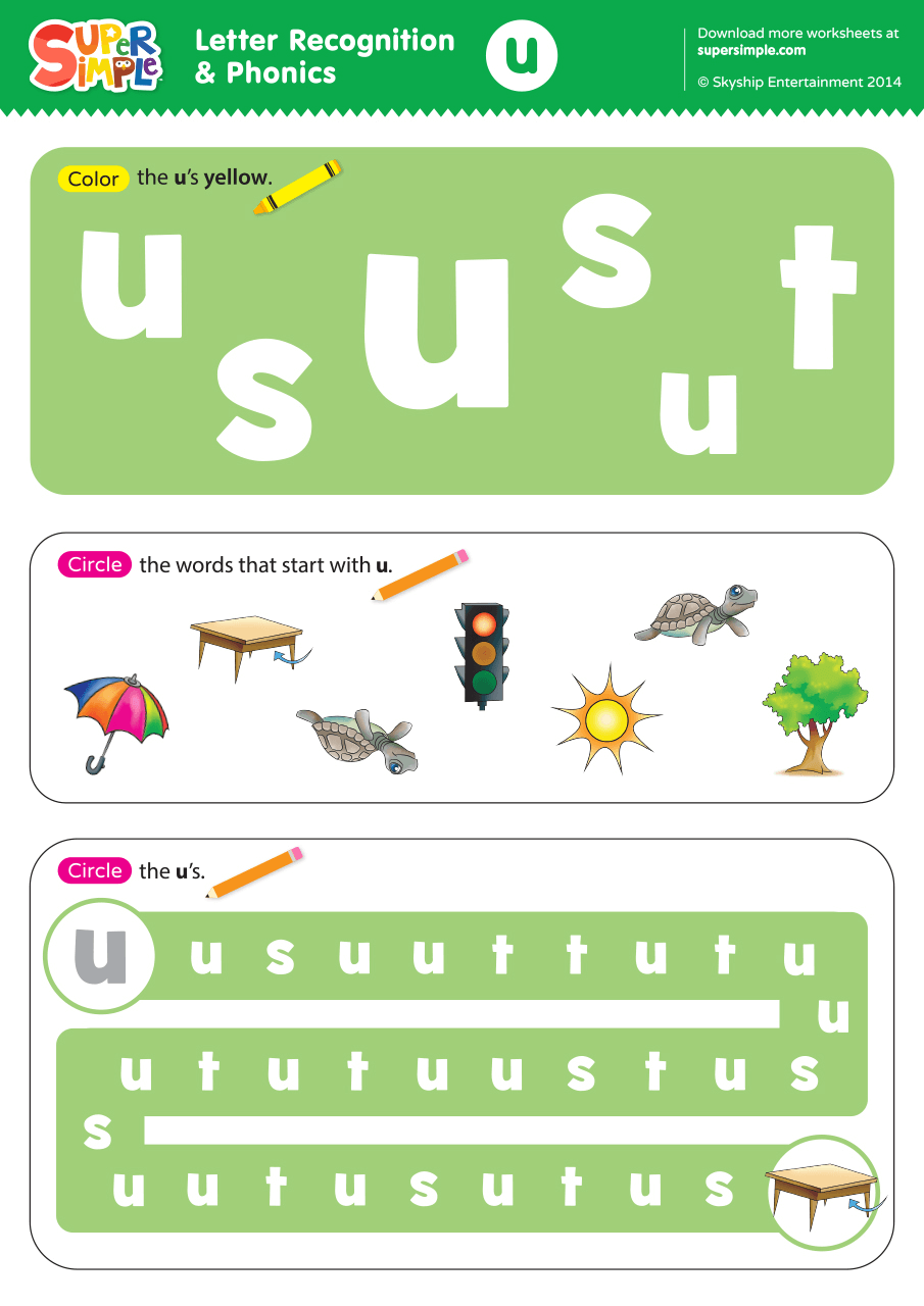 Letter Recognition amp Phonics Worksheet U lowercase Super Simple