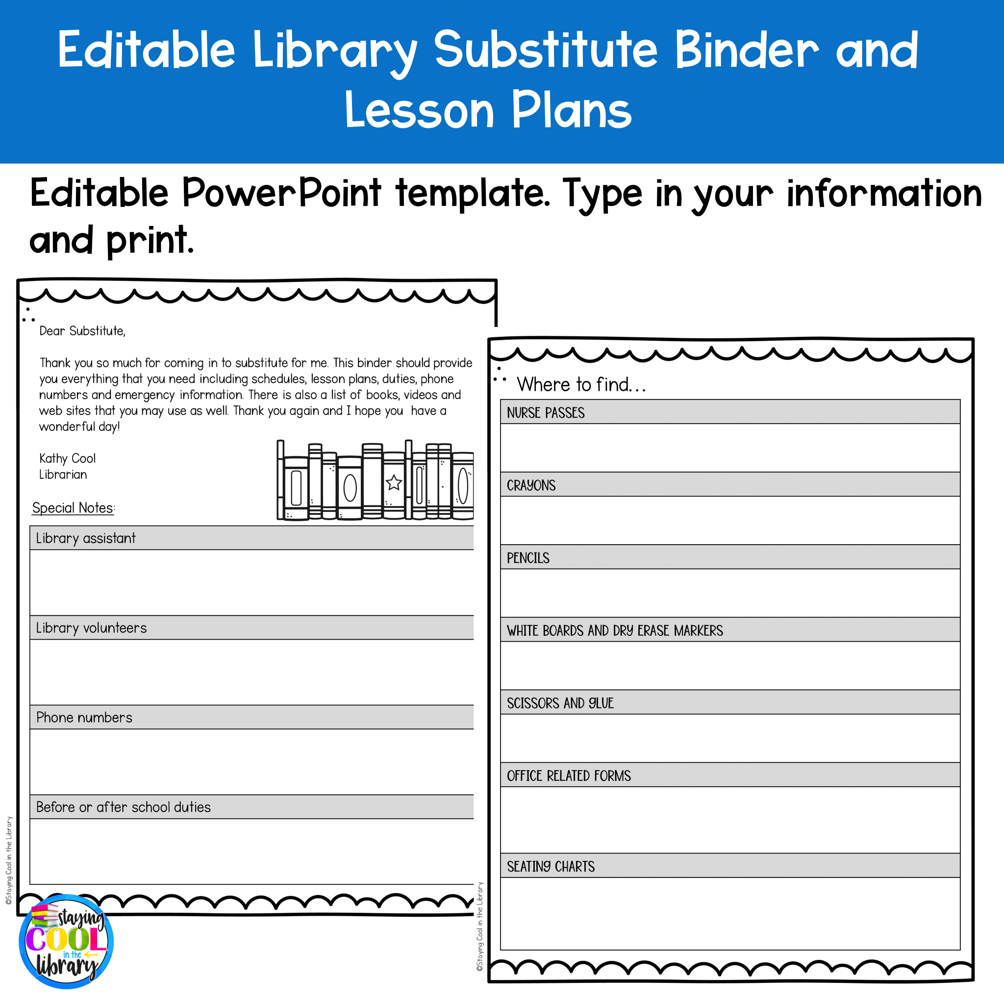 Library Substitute Binder amp Lesson Plans