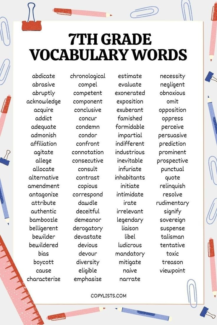 List Of 7th Grade Vocabulary Words To Print Or Download
