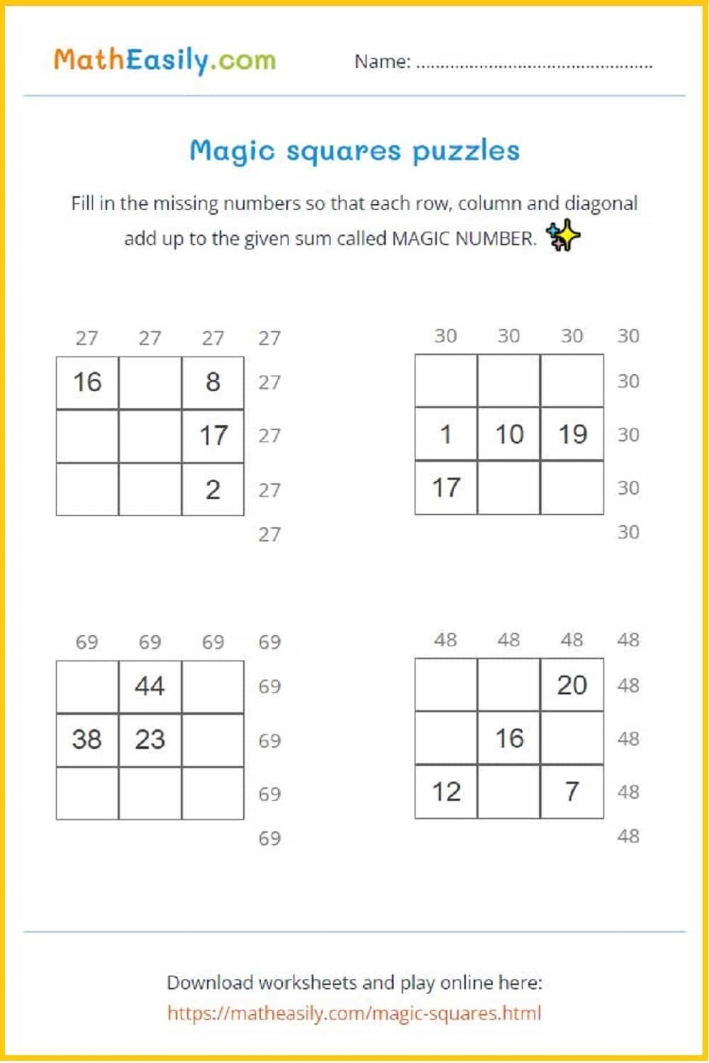 Magic Squares 3x3 ONLINE Game Worksheets