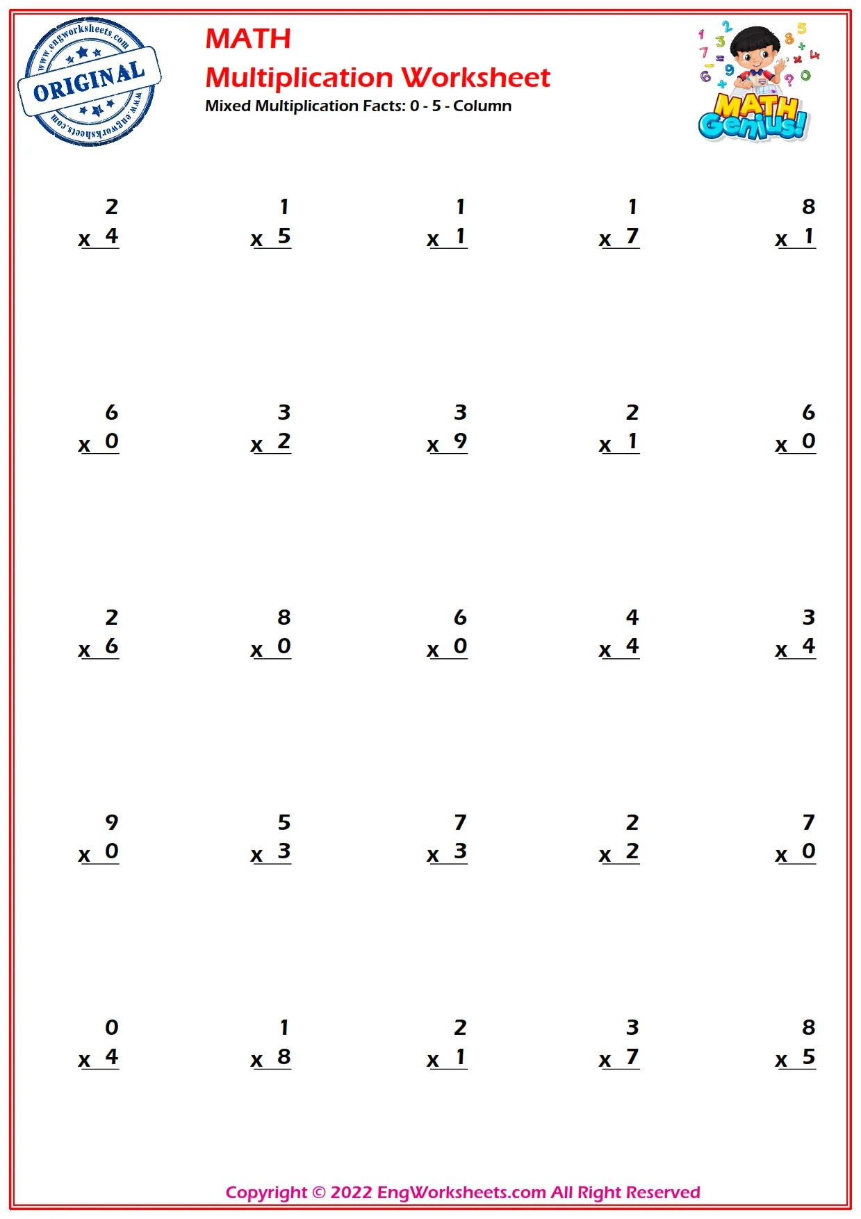 Mixed Multiplication Facts 0 5 Column Worksheets And Exercise 