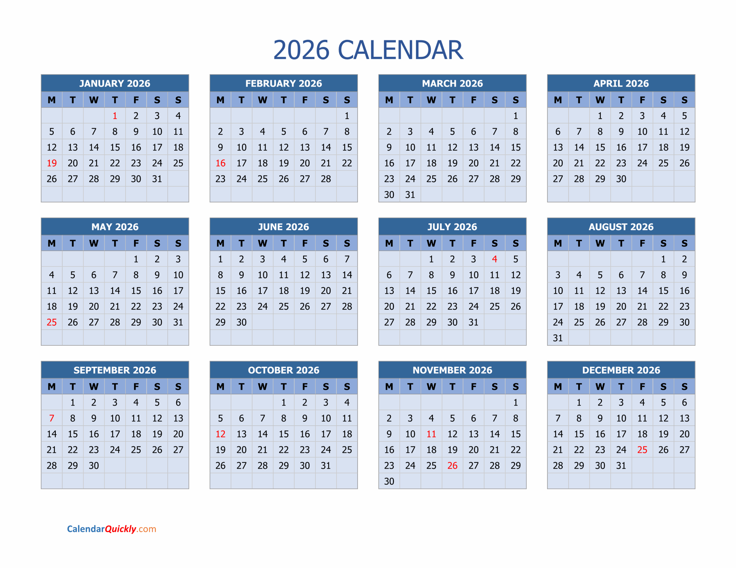 Monday 2026 Calendar Horizontal Calendar Quickly