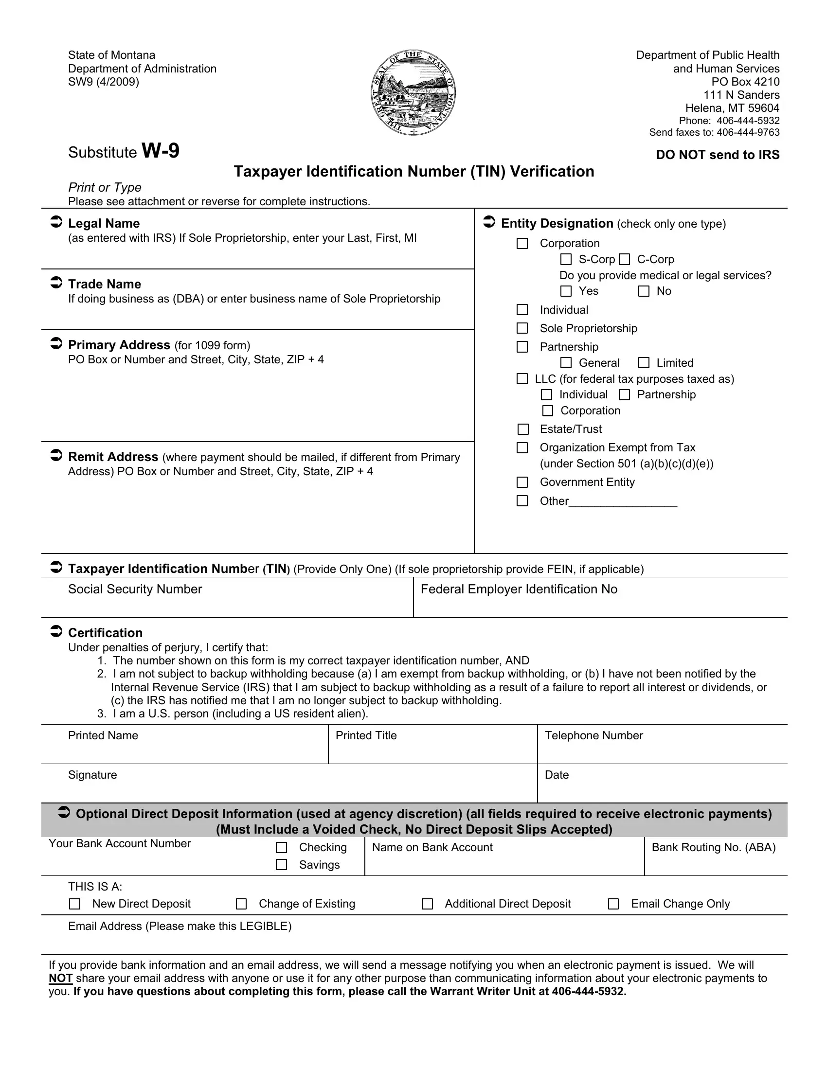 Montana W 9 Form Fill Out Printable PDF Forms Online