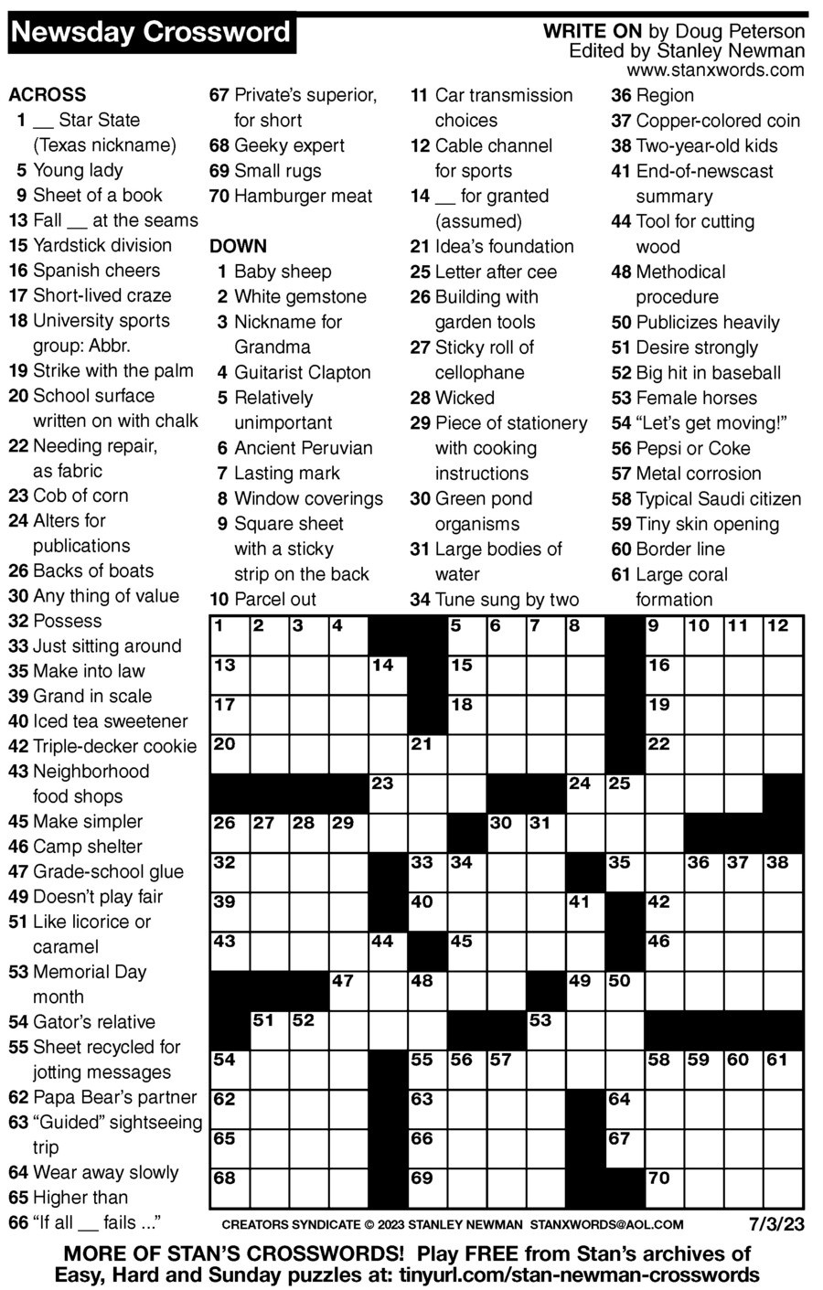 Newsday Crossword Puzzle For Jul 03 2023 By Stanley Newman 