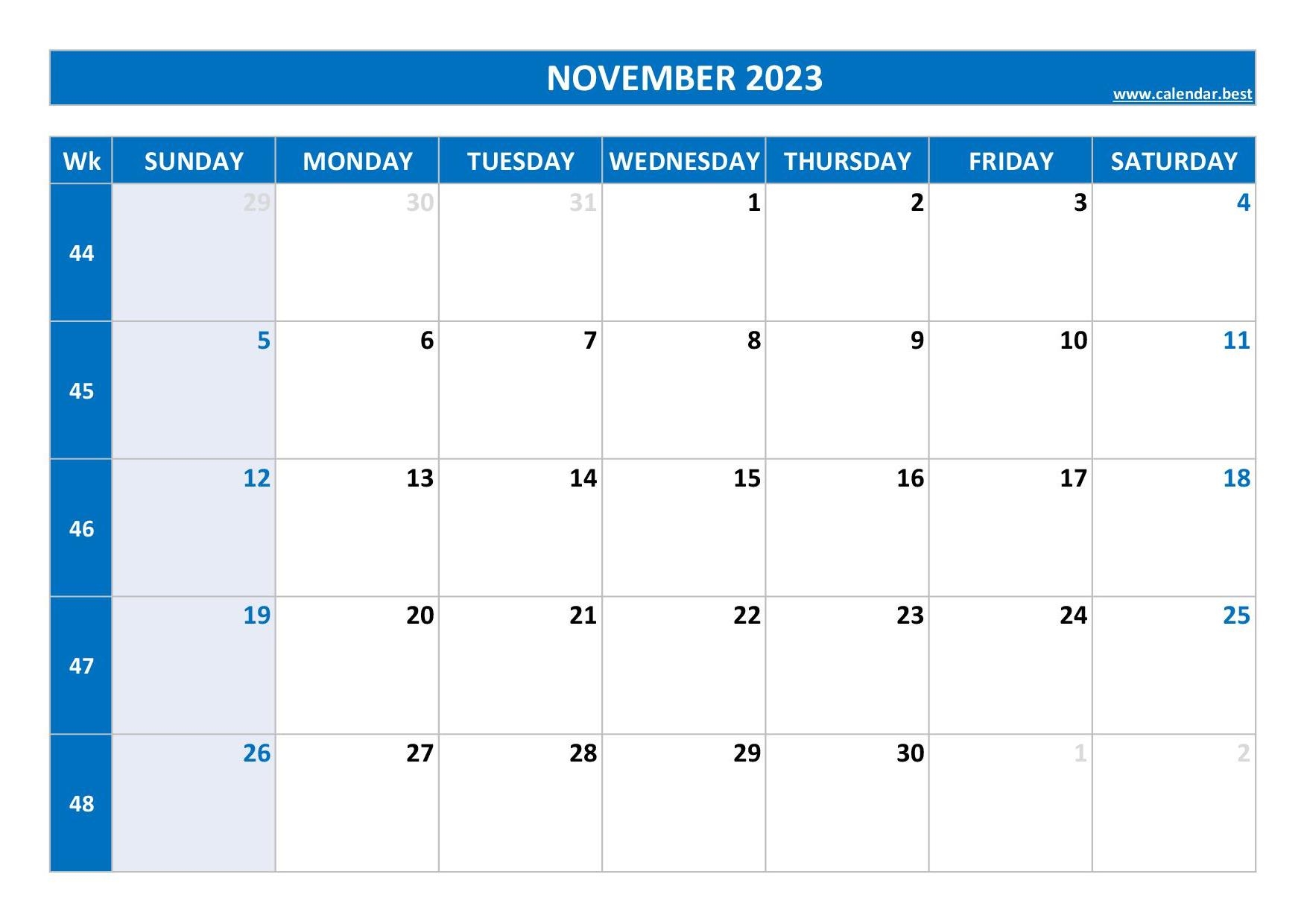 November Week 45 Calendar Printable