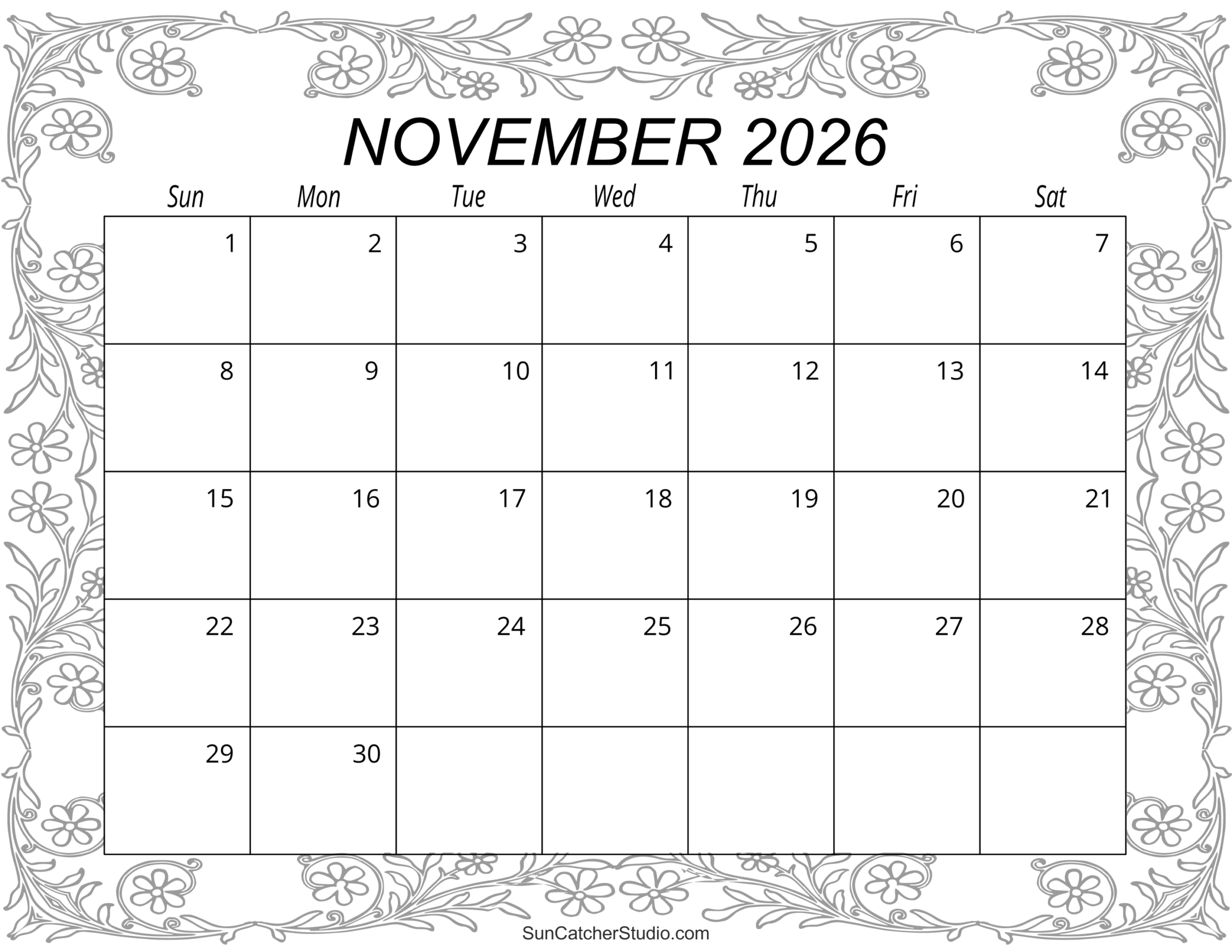 November Calendars 2026 Printable