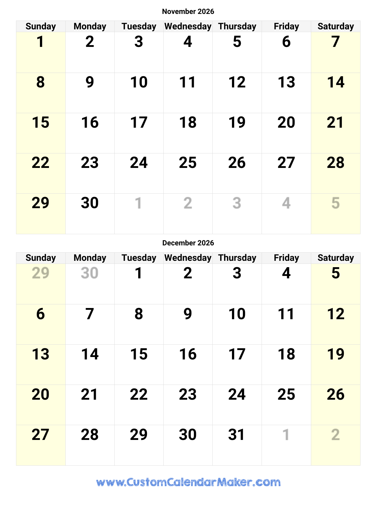 November And December Calendar 2026 Printable