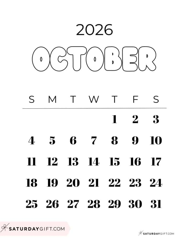 Blank October 2026 Calendar Cute