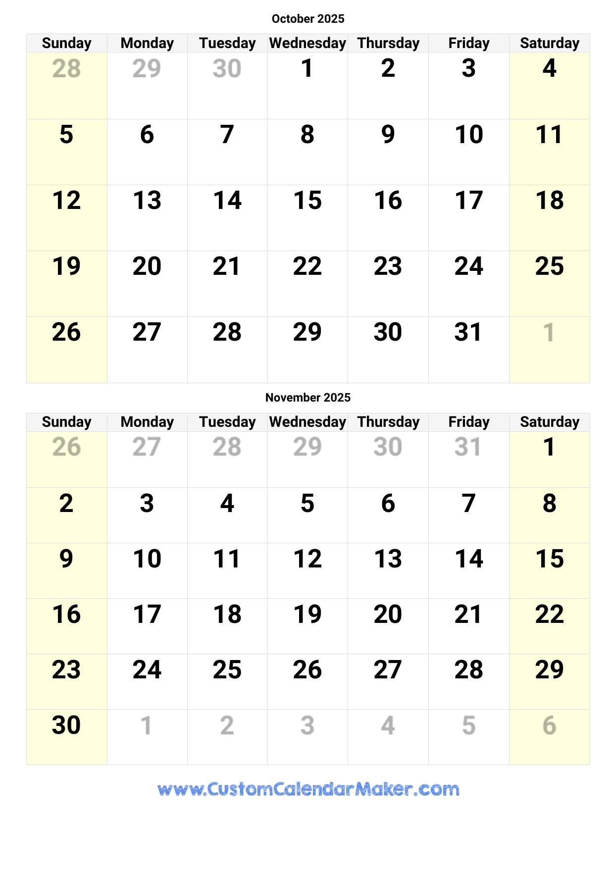 Printable October November Calendar