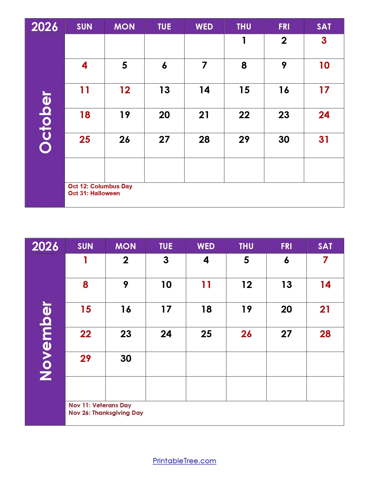 October November December Printable Calendar 2026