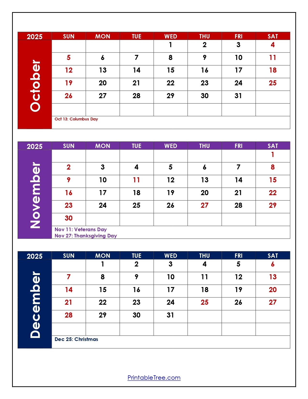 Printable Calendar October November December