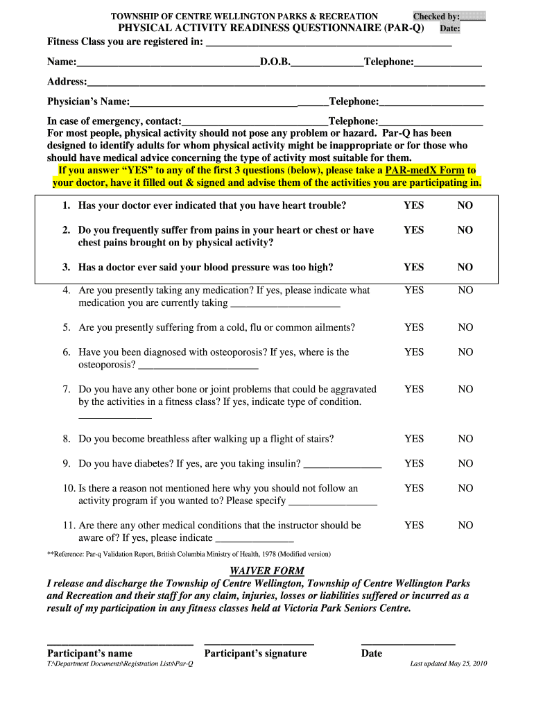 Printable Par Q Form For Exercise