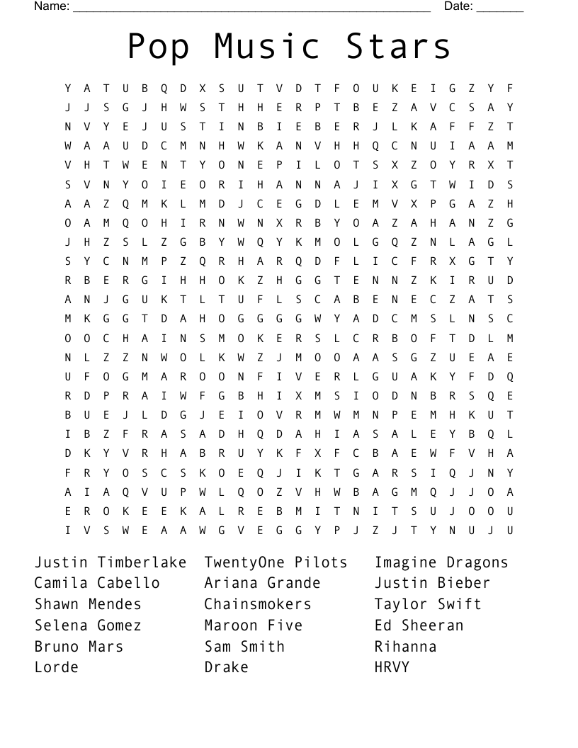 Pop Music Crosswords Word Searches Bingo Cards WordMint