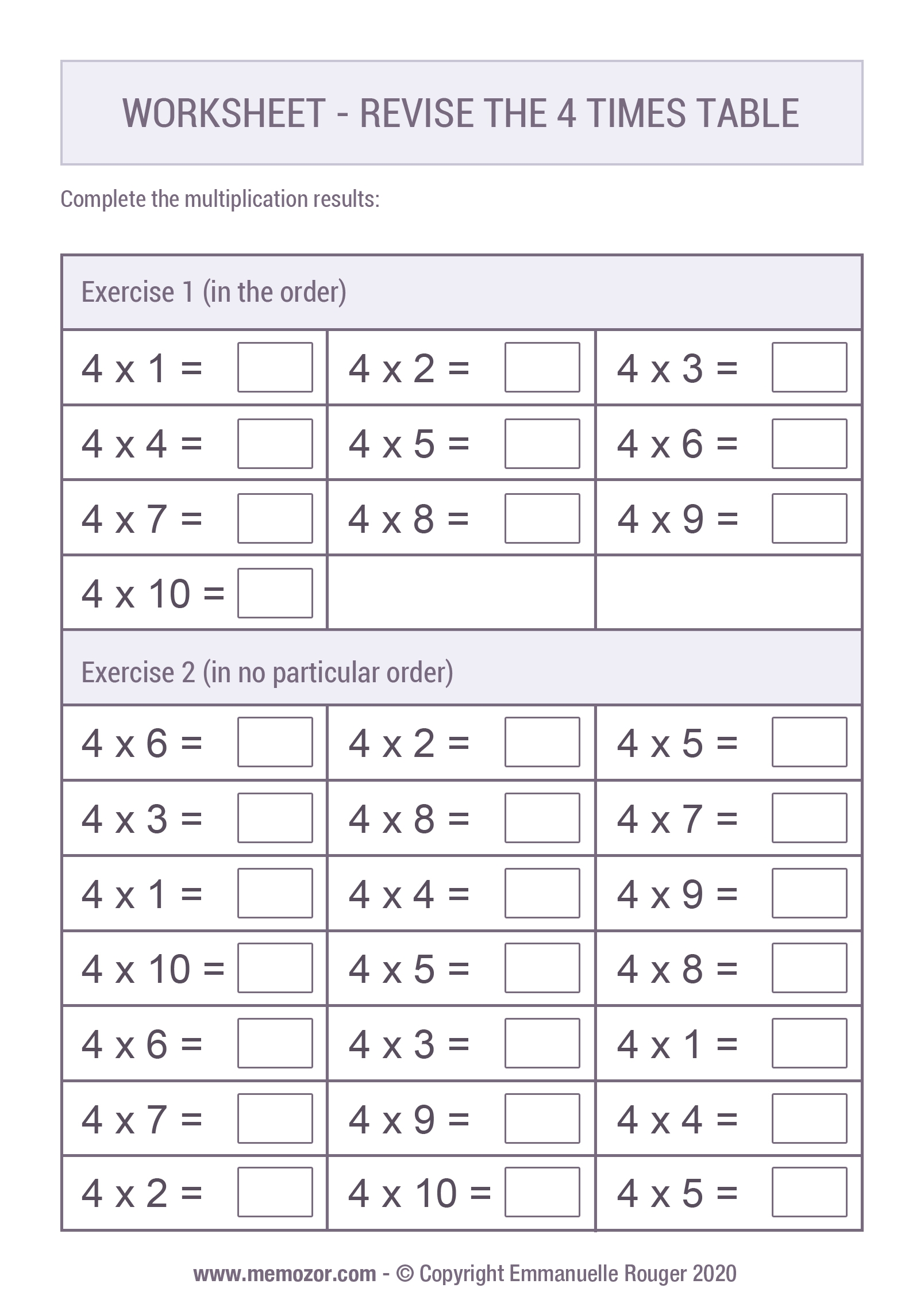 Free Printable 4 Times Table Worksheets