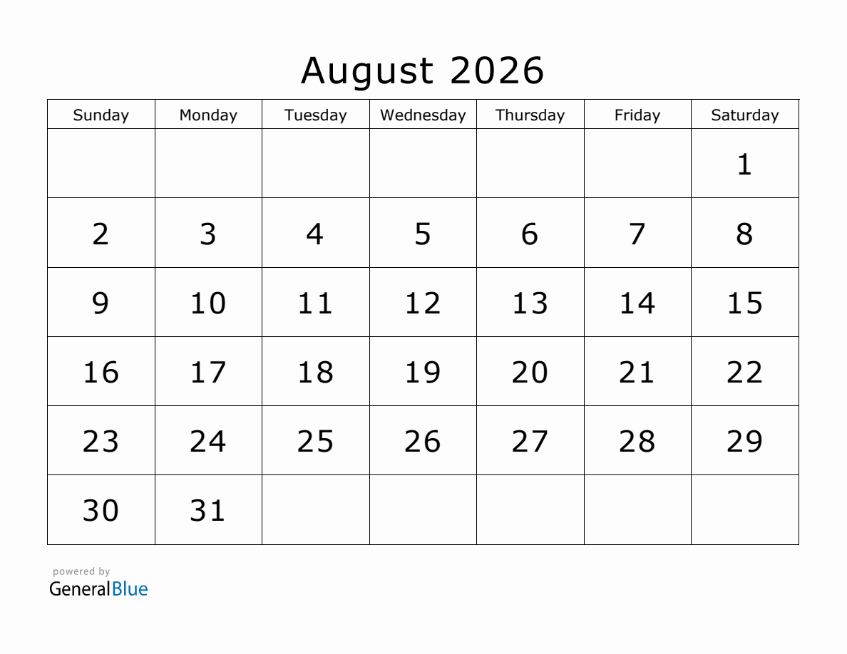 Blank Calendar August 2026 Editable