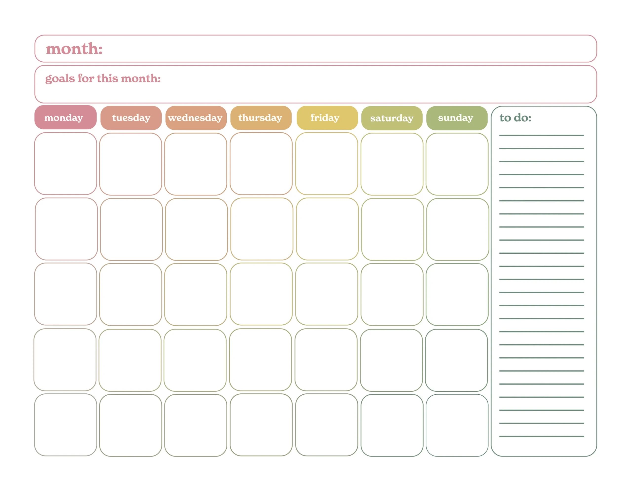 Printable Blank Calendar Rainbow Instant Download Etsy Canada