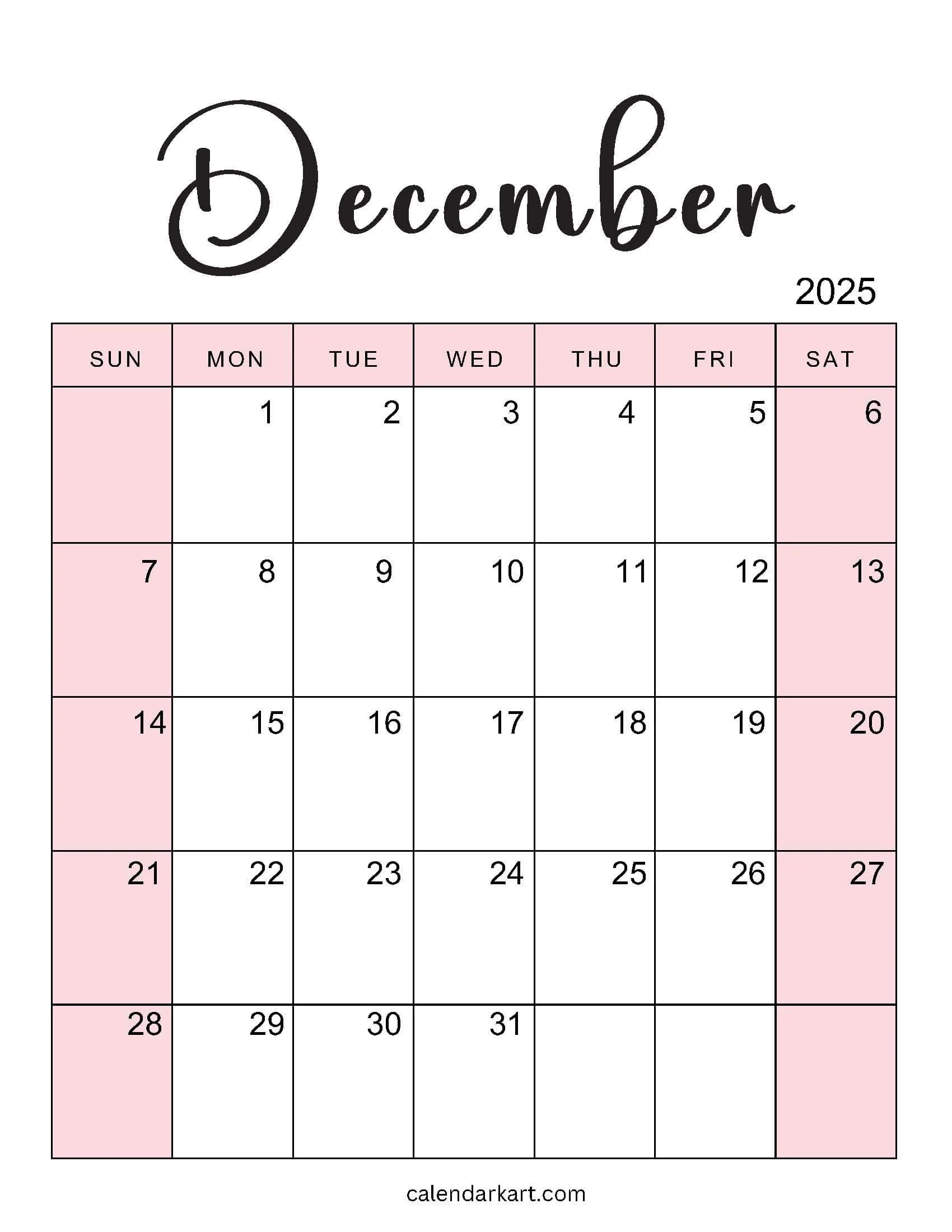 Printable December 2025 Calendars Free Pdf CalendarKart
